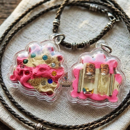 Authentic Thai Nine-Tail Fox Amulet "Nang Phaya Jing Chok 9 Hang BE 2568" - Charm Powder Pendant with Sacred Oil Bottles & Dual Takrut Thai Blessing Co By RURUECHA