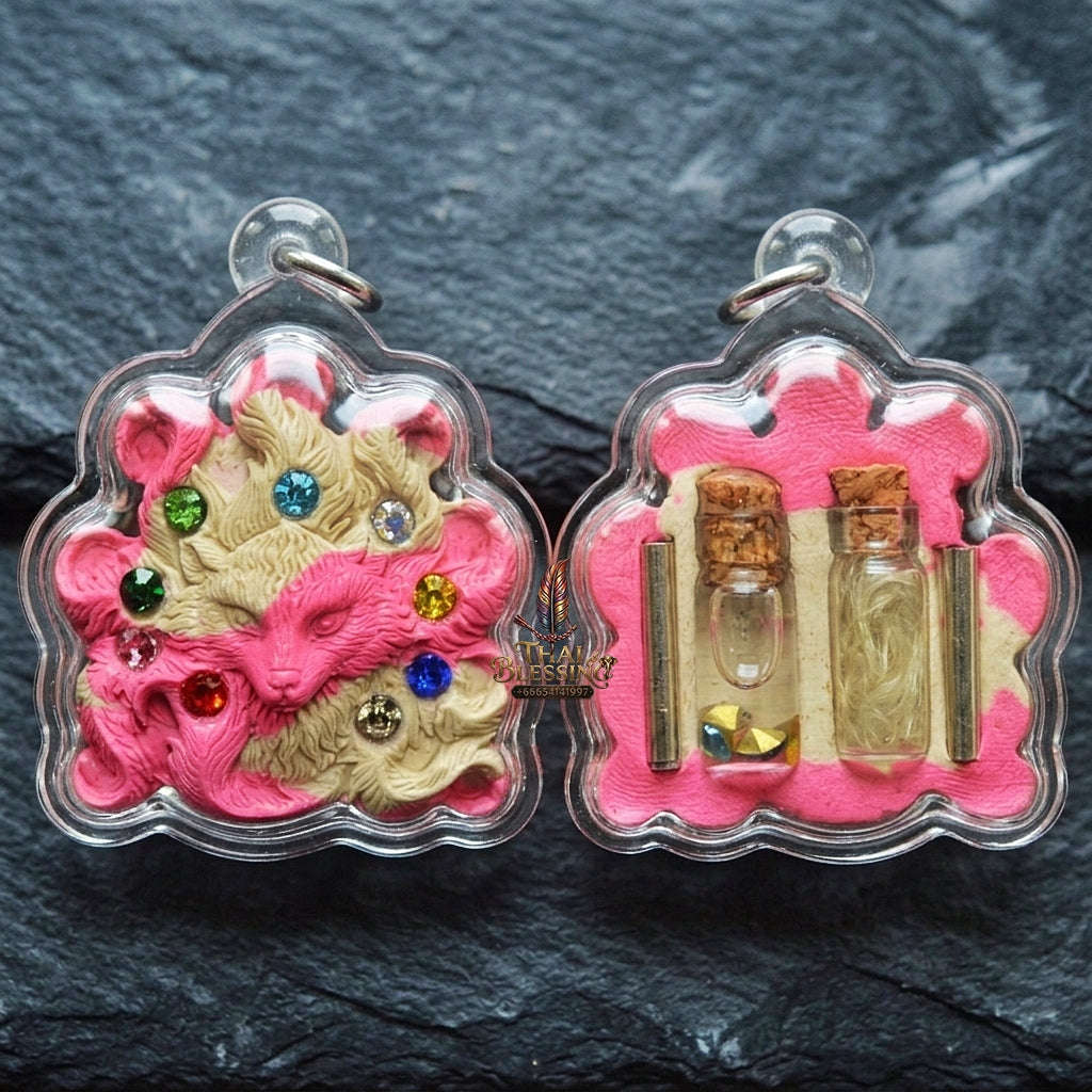 Authentic Thai Nine-Tail Fox Amulet "Nang Phaya Jing Chok 9 Hang BE 2568" - Charm Powder Pendant with Sacred Oil Bottles & Dual Takrut Thai Blessing Co By RURUECHA