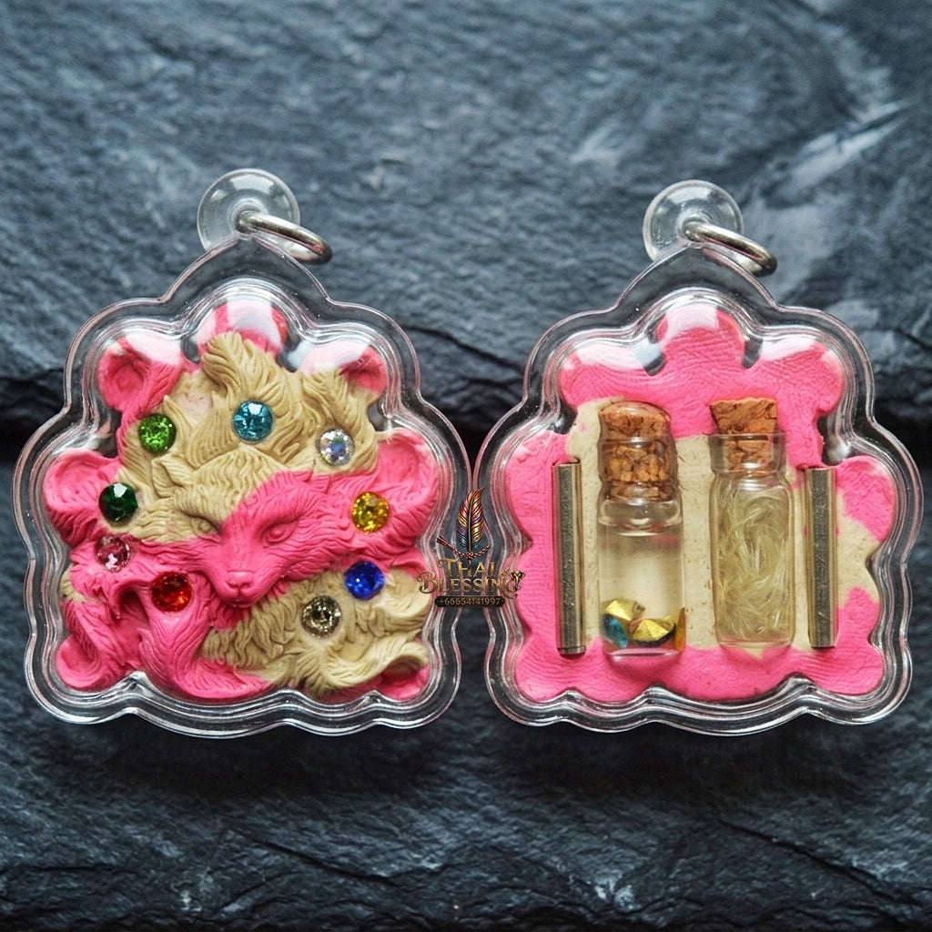 Authentic Thai Nine-Tail Fox Amulet "Nang Phaya Jing Chok 9 Hang BE 2568" - Charm Powder Pendant with Sacred Oil Bottles & Dual Takrut Thai Blessing Co By RURUECHA