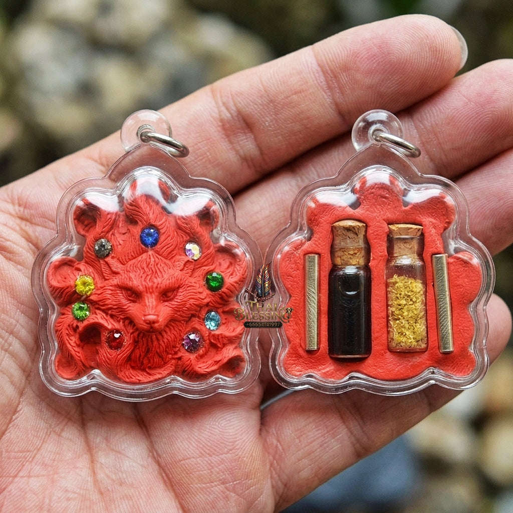 Authentic Thai Nine-Tail Fox Amulet "Nang Phaya Jing Chok 9 Hang BE 2568" - Red Charm Powder Pendant with Sacred Oil Bottles & Dual Takrut Thai Blessing Co By RURUECHA