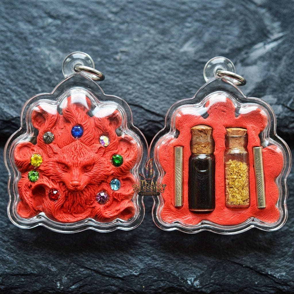Authentic Thai Nine-Tail Fox Amulet "Nang Phaya Jing Chok 9 Hang BE 2568" - Red Charm Powder Pendant with Sacred Oil Bottles & Dual Takrut Thai Blessing Co By RURUECHA