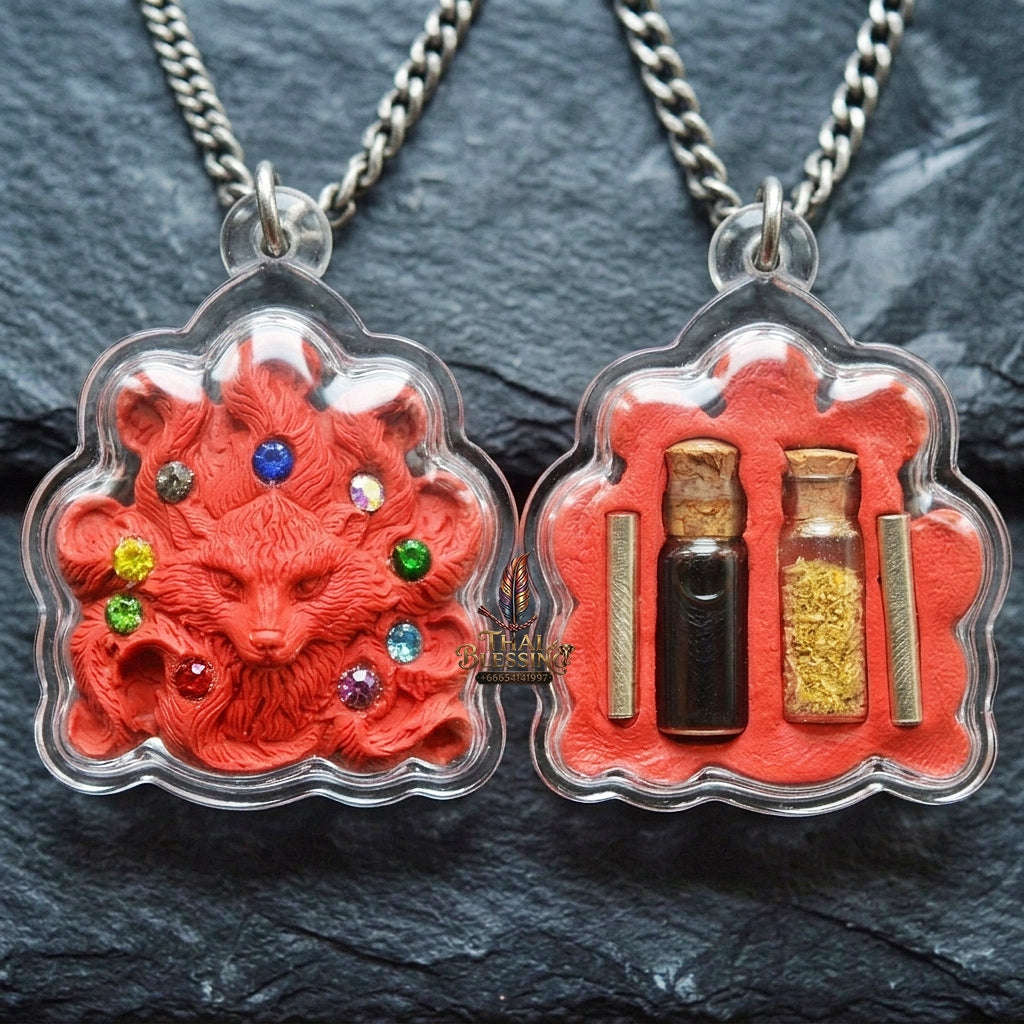 Authentic Thai Nine-Tail Fox Amulet "Nang Phaya Jing Chok 9 Hang BE 2568" - Red Charm Powder Pendant with Sacred Oil Bottles & Dual Takrut Thai Blessing Co By RURUECHA