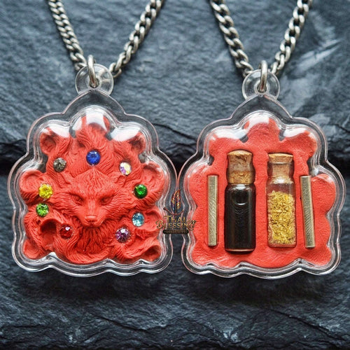 Authentic Thai Nine-Tail Fox Amulet "Nang Phaya Jing Chok 9 Hang BE 2568" - Red Charm Powder Pendant with Sacred Oil Bottles & Dual Takrut Thai Blessing Co By RURUECHA