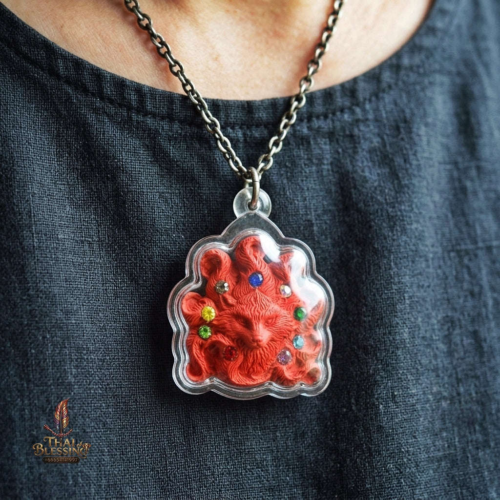 Authentic Thai Nine-Tail Fox Amulet "Nang Phaya Jing Chok 9 Hang BE 2568" - Red Charm Powder Pendant with Sacred Oil Bottles & Dual Takrut Thai Blessing Co By RURUECHA
