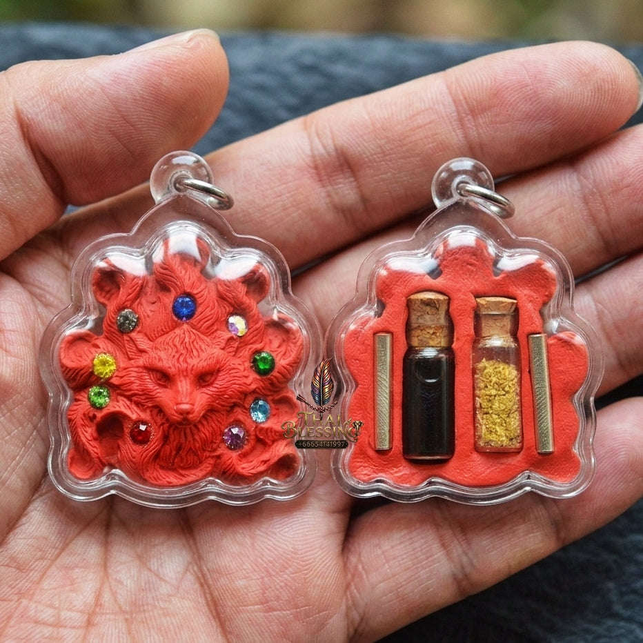 Authentic Thai Nine-Tail Fox Amulet "Nang Phaya Jing Chok 9 Hang BE 2568" - Red Charm Powder Pendant with Sacred Oil Bottles & Dual Takrut Thai Blessing Co By RURUECHA
