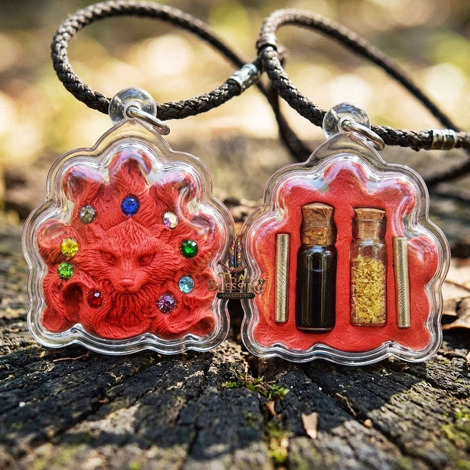 Authentic Thai Nine-Tail Fox Amulet "Nang Phaya Jing Chok 9 Hang BE 2568" - Red Charm Powder Pendant with Sacred Oil Bottles & Dual Takrut Thai Blessing Co By RURUECHA