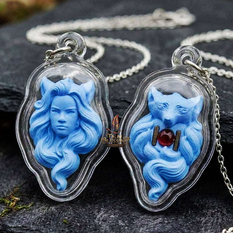 Authentic Thai Nine-Tailed Fox Amulet "Celestial Blue Sacred Charm Powder Fox Pendant with Red Gemstone & Twin Copper Takrut" Thai Blessing Co By RURUECHA