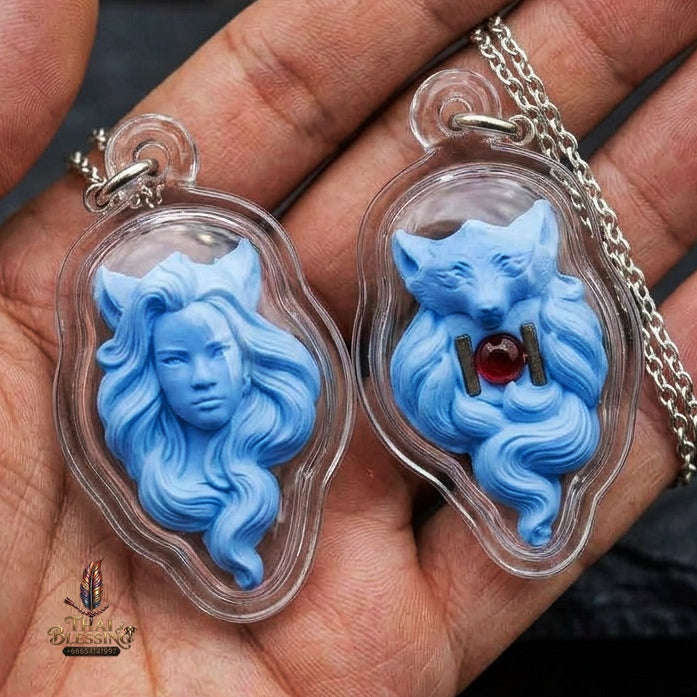 Authentic Thai Nine-Tailed Fox Amulet "Celestial Blue Sacred Charm Powder Fox Pendant with Red Gemstone & Twin Copper Takrut" Thai Blessing Co By RURUECHA