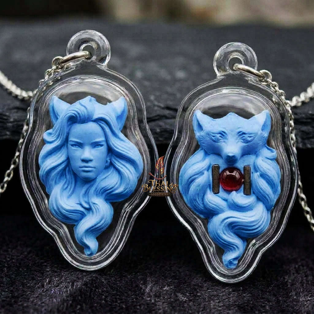 Authentic Thai Nine-Tailed Fox Amulet "Celestial Blue Sacred Charm Powder Fox Pendant with Red Gemstone & Twin Copper Takrut" Thai Blessing Co By RURUECHA
