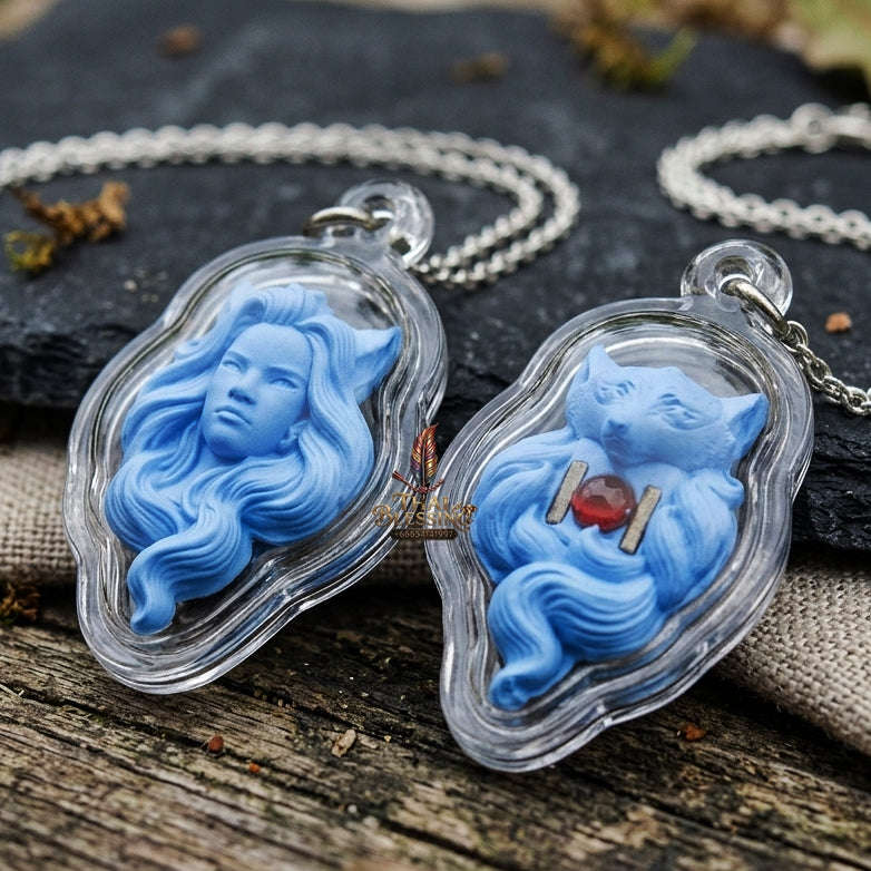 Authentic Thai Nine-Tailed Fox Amulet "Celestial Blue Sacred Charm Powder Fox Pendant with Red Gemstone & Twin Copper Takrut" Thai Blessing Co By RURUECHA