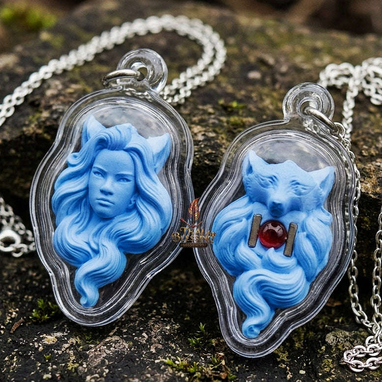 Authentic Thai Nine-Tailed Fox Amulet "Celestial Blue Sacred Charm Powder Fox Pendant with Red Gemstone & Twin Copper Takrut" Thai Blessing Co By RURUECHA