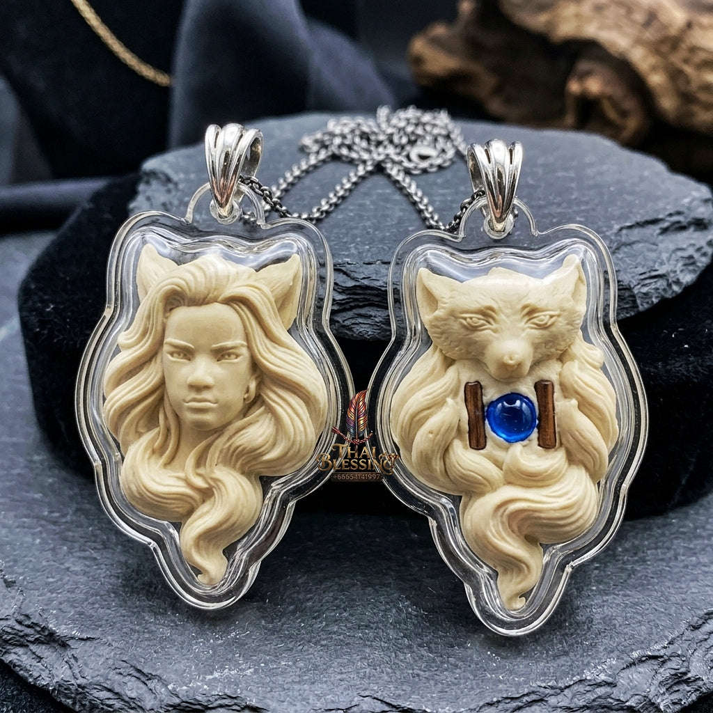 Authentic Thai Nine-Tailed Fox Amulet "Glow-in-the-Dark Sacred Charm Powder Pendant" Consecrated by Ajarn Kraidet B.E. 2561 (2018)