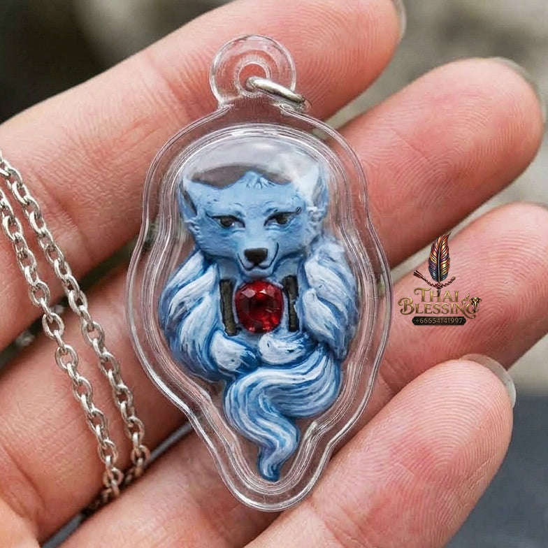 Authentic Thai Nine-Tailed Fox Amulet "Hand-Painted Sacred Charm Powder Fox Pendant with Red Gemstone" Consecrated by Archan Kraidet B.E. 2561 (2018) Thai Blessing Co By RURUECHA
