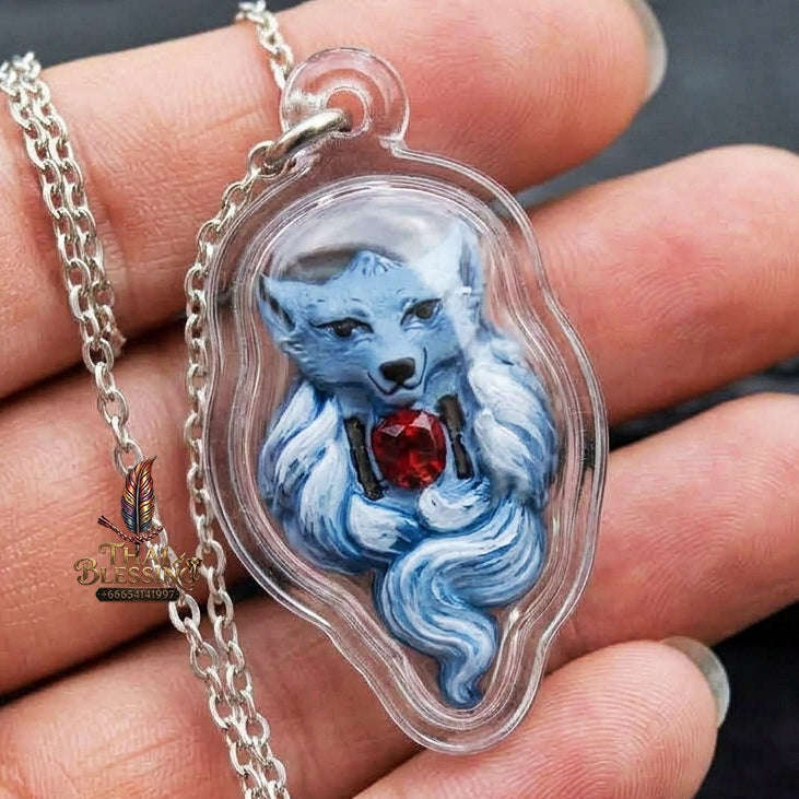 Authentic Thai Nine-Tailed Fox Amulet "Hand-Painted Sacred Charm Powder Fox Pendant with Red Gemstone" Consecrated by Archan Kraidet B.E. 2561 (2018) Thai Blessing Co By RURUECHA