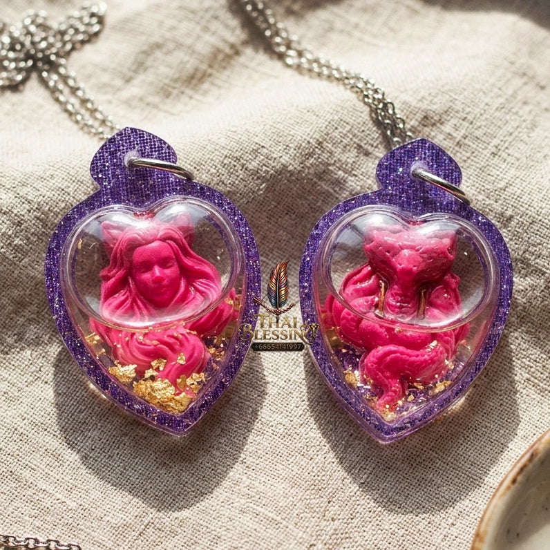 Authentic Thai Nine-Tailed Fox Amulet "Pink Sacred Charm Powder Pendant Encased in Sacred Charm Oil & Purple Glitter Heart Frame" Consecrated by Archan Kraidet B.E. 2561 (2018) Thai Blessing Co By RURUECHA