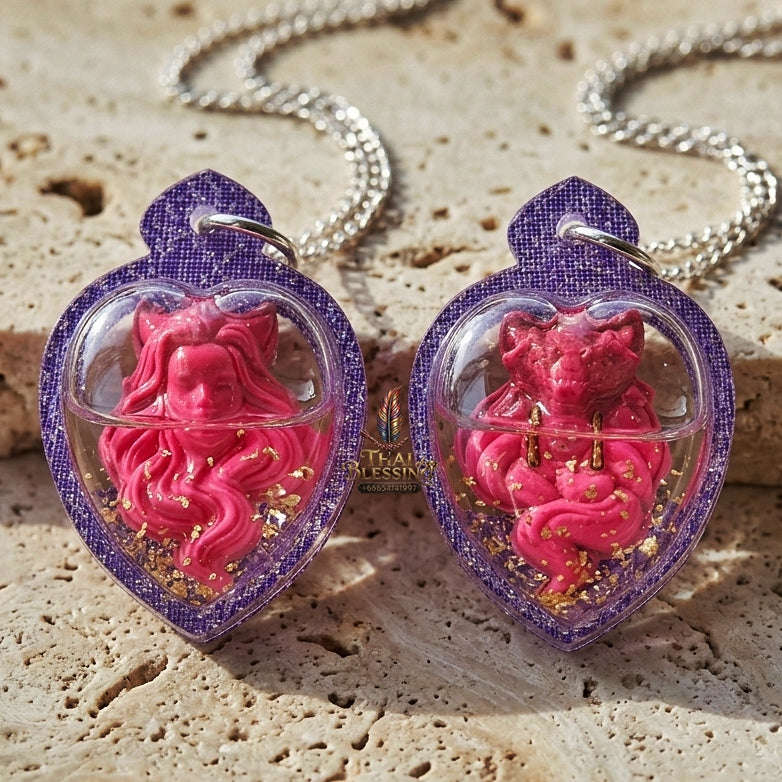 Authentic Thai Nine-Tailed Fox Amulet "Pink Sacred Charm Powder Pendant Encased in Sacred Charm Oil & Purple Glitter Heart Frame" Consecrated by Archan Kraidet B.E. 2561 (2018) Thai Blessing Co By RURUECHA