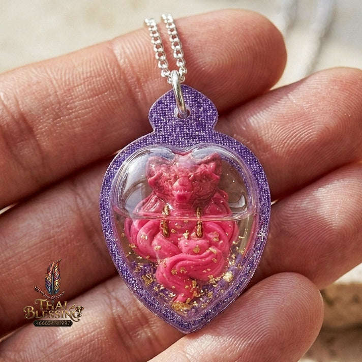 Authentic Thai Nine-Tailed Fox Amulet "Pink Sacred Charm Powder Pendant Encased in Sacred Charm Oil & Purple Glitter Heart Frame" Consecrated by Archan Kraidet B.E. 2561 (2018) Thai Blessing Co By RURUECHA