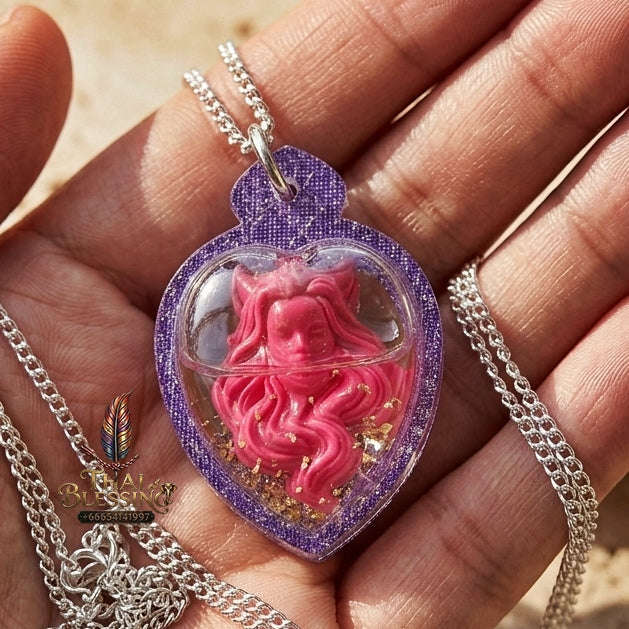 Authentic Thai Nine-Tailed Fox Amulet "Pink Sacred Charm Powder Pendant Encased in Sacred Charm Oil & Purple Glitter Heart Frame" Consecrated by Archan Kraidet B.E. 2561 (2018) Thai Blessing Co By RURUECHA