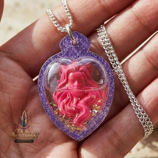 Authentic Thai Nine-Tailed Fox Amulet "Pink Sacred Charm Powder Pendant Encased in Sacred Charm Oil & Purple Glitter Heart Frame" Consecrated by Archan Kraidet B.E. 2561 (2018) Thai Blessing Co By RURUECHA