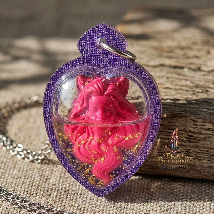 Authentic Thai Nine-Tailed Fox Amulet "Pink Sacred Charm Powder Pendant Encased in Sacred Charm Oil & Purple Glitter Heart Frame" Consecrated by Archan Kraidet B.E. 2561 (2018) Thai Blessing Co By RURUECHA