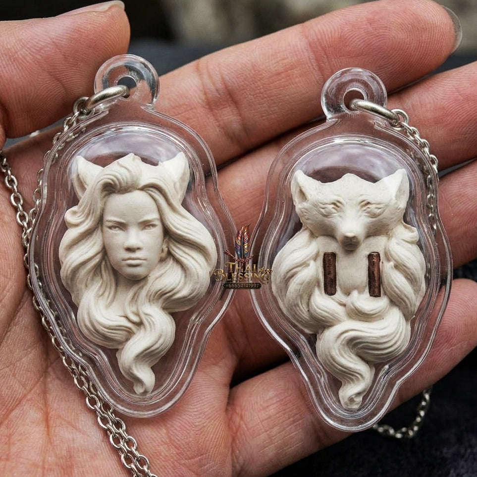 Authentic Thai Nine-Tailed Fox Amulet "Pure White Sacred Charm Powder Fox Pendant with Twin Copper Takrut" Thai Blessing Co By RURUECHA