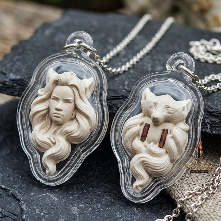 Authentic Thai Nine-Tailed Fox Amulet "Pure White Sacred Charm Powder Fox Pendant with Twin Copper Takrut" Thai Blessing Co By RURUECHA