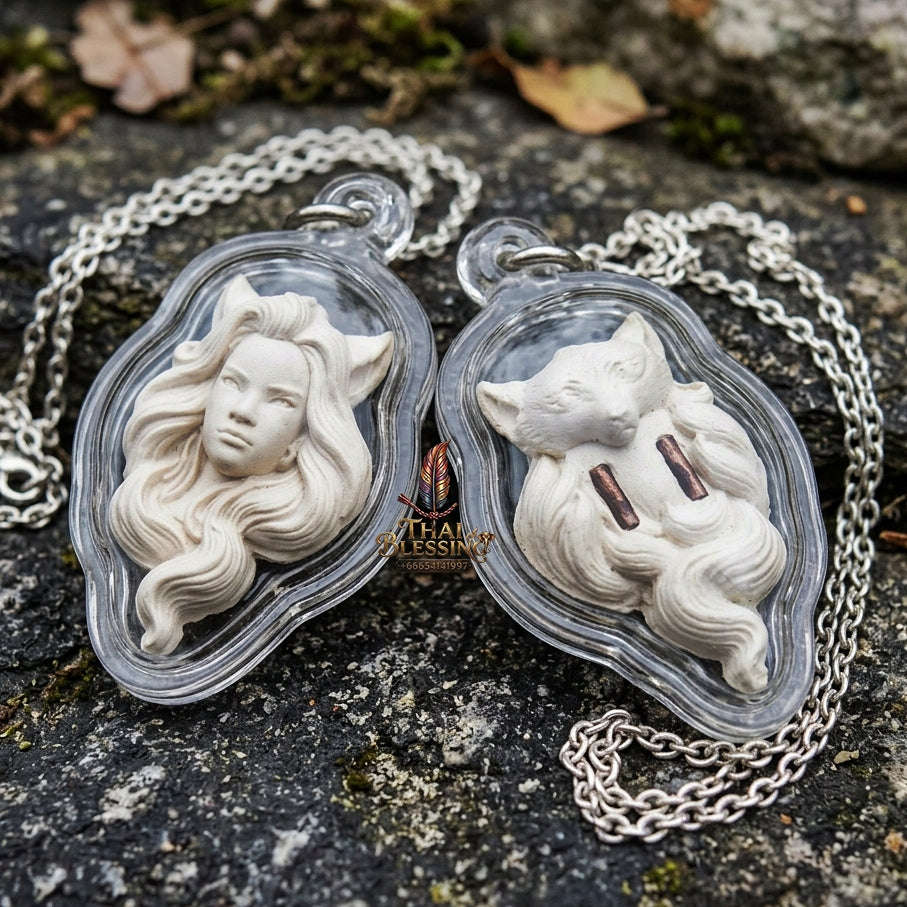Authentic Thai Nine-Tailed Fox Amulet "Pure White Sacred Charm Powder Fox Pendant with Twin Copper Takrut" Thai Blessing Co By RURUECHA