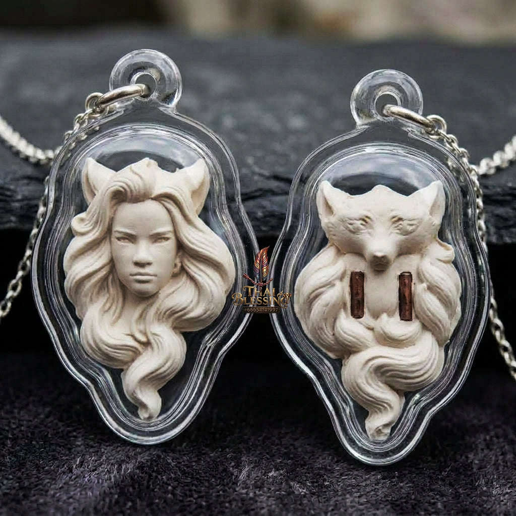 Authentic Thai Nine-Tailed Fox Amulet "Pure White Sacred Charm Powder Fox Pendant with Twin Copper Takrut" Thai Blessing Co By RURUECHA