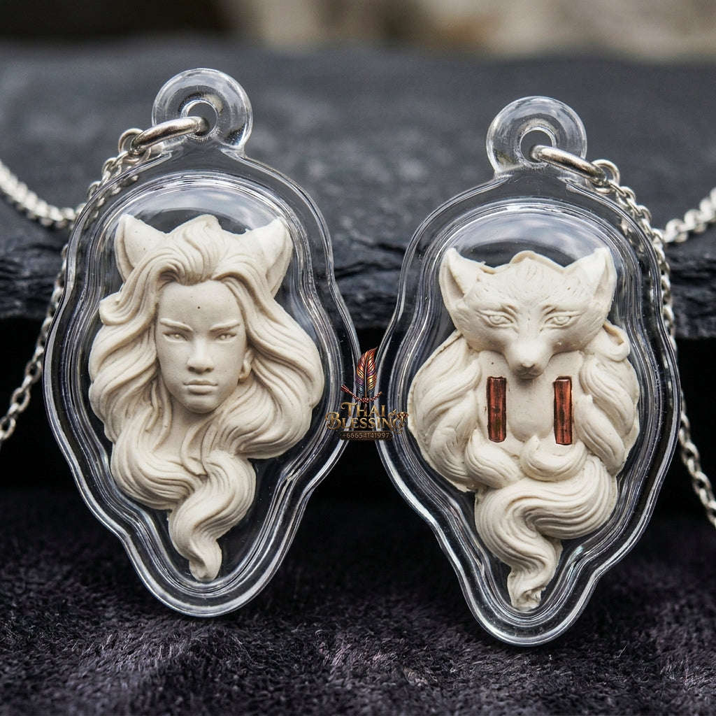 Authentic Thai Nine-Tailed Fox Amulet "Pure White Sacred Charm Powder Fox Pendant with Twin Copper Takrut" Thai Blessing Co By RURUECHA