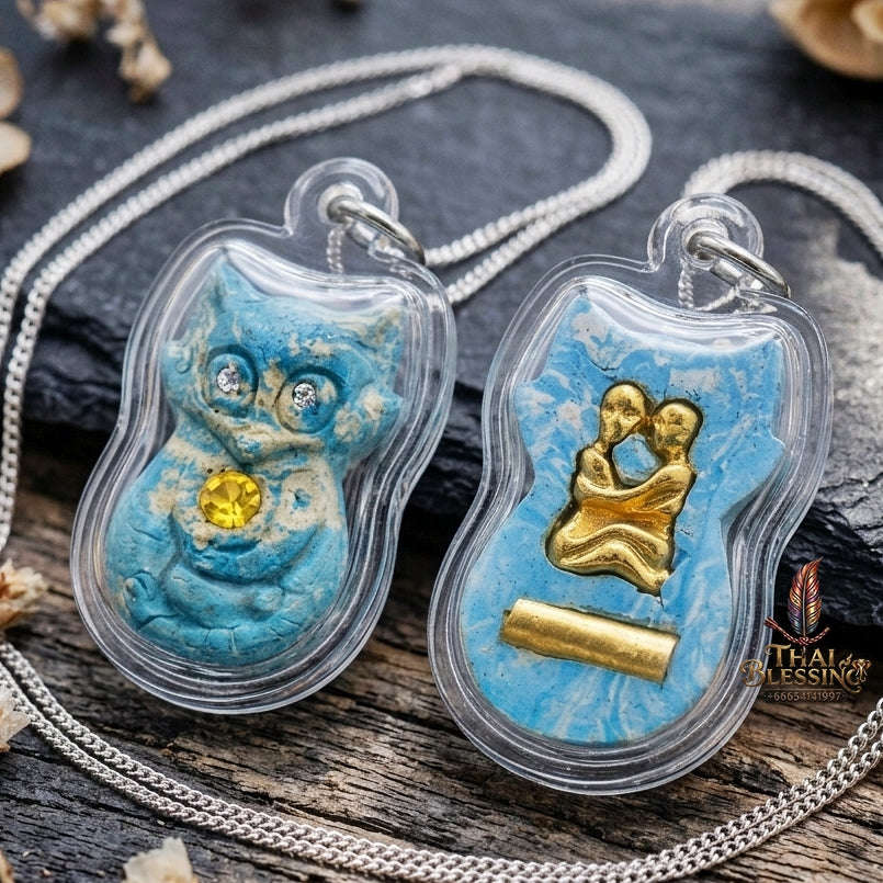 Authentic Thai Nine-Tailed Fox Amulet "Sacred Blue Powder Fox Pendant with Golden In Koo & Takrut" Consecrated by Kruba Krissana Intawanno at Weruwan Forest Monastery B.E. 2562 (2019) Thai Blessing Co By RURUECHA