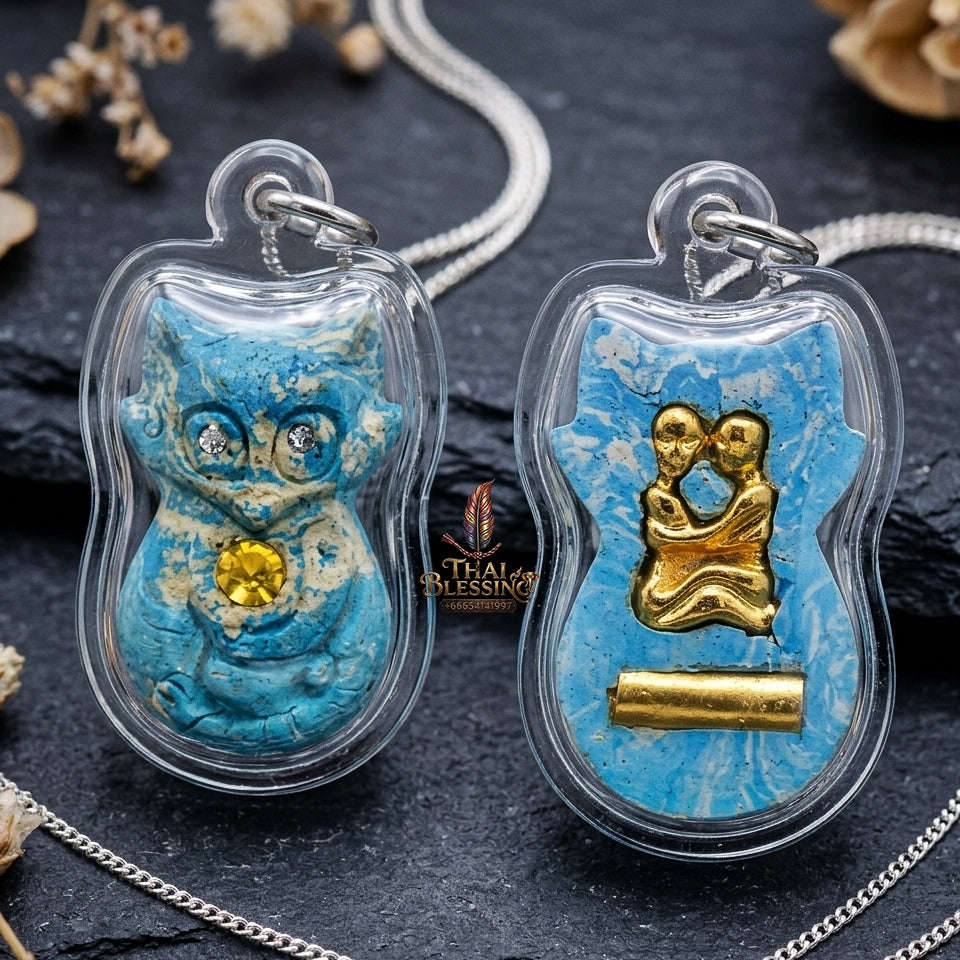 Authentic Thai Nine-Tailed Fox Amulet "Sacred Blue Powder Fox Pendant with Golden In Koo & Takrut" Consecrated by Kruba Krissana Intawanno at Weruwan Forest Monastery B.E. 2562 (2019) Thai Blessing Co By RURUECHA