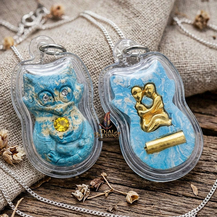 Authentic Thai Nine-Tailed Fox Amulet "Sacred Blue Powder Fox Pendant with Golden In Koo & Takrut" Consecrated by Kruba Krissana Intawanno at Weruwan Forest Monastery B.E. 2562 (2019) Thai Blessing Co By RURUECHA