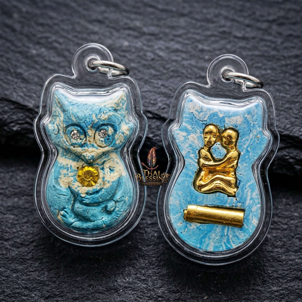 Authentic Thai Nine-Tailed Fox Amulet "Sacred Blue Powder Fox Pendant with Golden In Koo & Takrut" Consecrated by Kruba Krissana Intawanno at Weruwan Forest Monastery B.E. 2562 (2019) Thai Blessing Co By RURUECHA