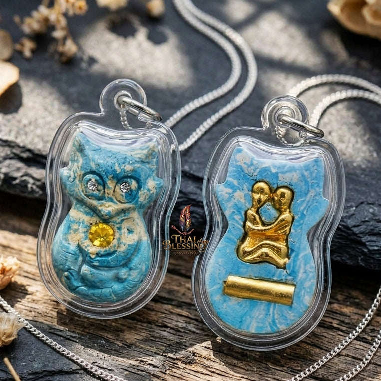 Authentic Thai Nine-Tailed Fox Amulet "Sacred Blue Powder Fox Pendant with Golden In Koo & Takrut" Consecrated by Kruba Krissana Intawanno at Weruwan Forest Monastery B.E. 2562 (2019) Thai Blessing Co By RURUECHA
