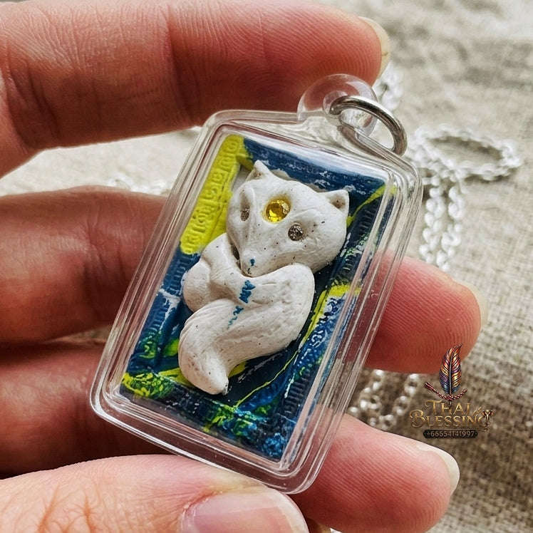 Authentic Thai Nine-Tailed Fox Amulet "Sacred White Fox Powder Pendant with Golden Abacus" Consecrated by Kruba Krissana Intawanno at Weruwan Forest Monastery B.E. 2562 (2019) Thai Blessing Co By RURUECHA