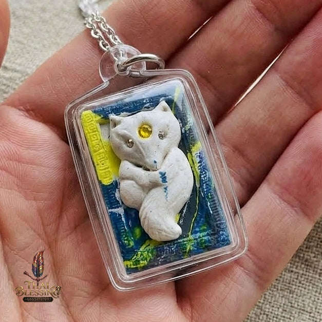 Authentic Thai Nine-Tailed Fox Amulet "Sacred White Fox Powder Pendant with Golden Abacus" Consecrated by Kruba Krissana Intawanno at Weruwan Forest Monastery B.E. 2562 (2019) Thai Blessing Co By RURUECHA