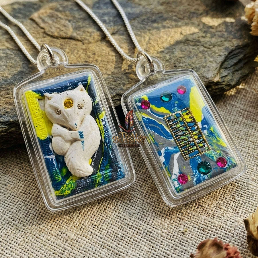 Authentic Thai Nine-Tailed Fox Amulet "Sacred White Fox Powder Pendant with Golden Abacus" Consecrated by Kruba Krissana Intawanno at Weruwan Forest Monastery B.E. 2562 (2019) Thai Blessing Co By RURUECHA