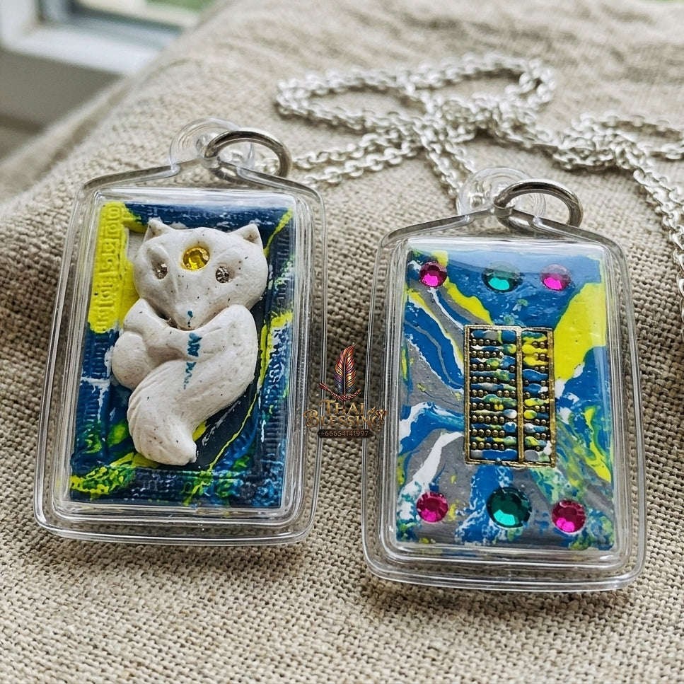 Authentic Thai Nine-Tailed Fox Amulet "Sacred White Fox Powder Pendant with Golden Abacus" Consecrated by Kruba Krissana Intawanno at Weruwan Forest Monastery B.E. 2562 (2019) Thai Blessing Co By RURUECHA