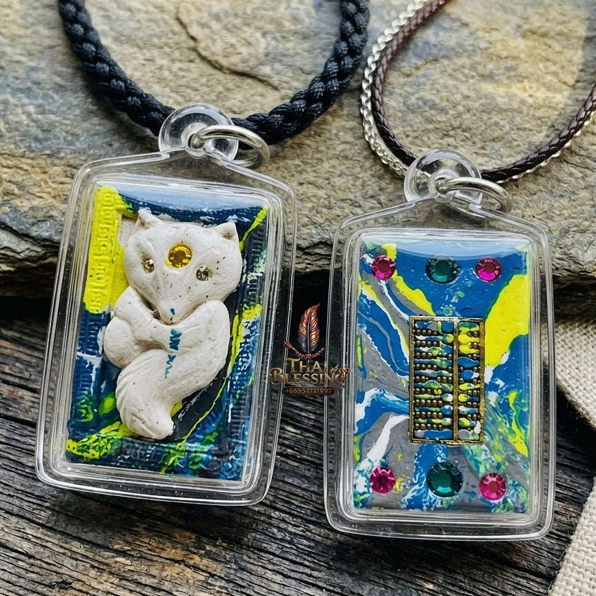 Authentic Thai Nine-Tailed Fox Amulet "Sacred White Fox Powder Pendant with Golden Abacus" Consecrated by Kruba Krissana Intawanno at Weruwan Forest Monastery B.E. 2562 (2019) Thai Blessing Co By RURUECHA