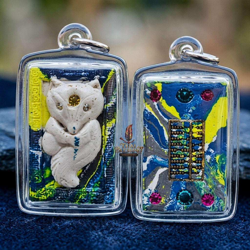 Authentic Thai Nine-Tailed Fox Amulet "Sacred White Fox Powder Pendant with Golden Abacus" Consecrated by Kruba Krissana Intawanno at Weruwan Forest Monastery B.E. 2562 (2019) Thai Blessing Co By RURUECHA