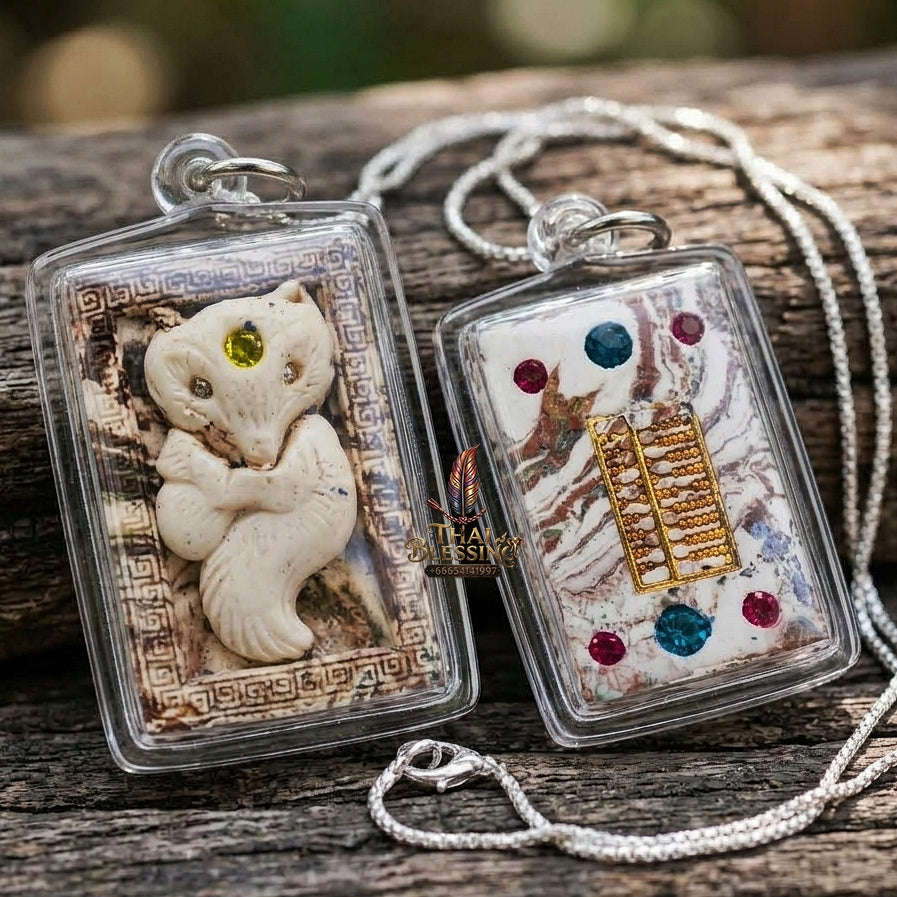 Authentic Thai Nine-Tailed Fox Amulet "Sacred White Powder Fox Pendant with Golden Abacus" Consecrated by Kruba Krissana Intawanno at Weruwan Forest Monastery B.E. 2562 (2019) Thai Blessing Co By RURUECHA