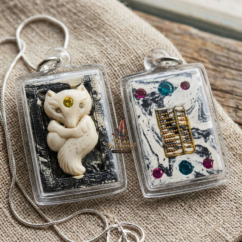 Authentic Thai Nine-Tailed Fox Amulet "Sacred White Powder Fox Pendant with Golden Abacus" Consecrated by Kruba Krissana Intawanno at Weruwan Forest Monastery B.E. 2562 (2019)