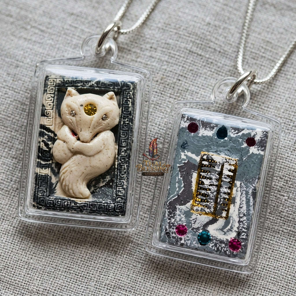 Authentic Thai Nine-Tailed Fox Amulet "Sacred White Powder Fox Pendant with Golden Abacus" Consecrated by Kruba Krissana Intawanno at Weruwan Forest Monastery B.E. 2562 (2019)
