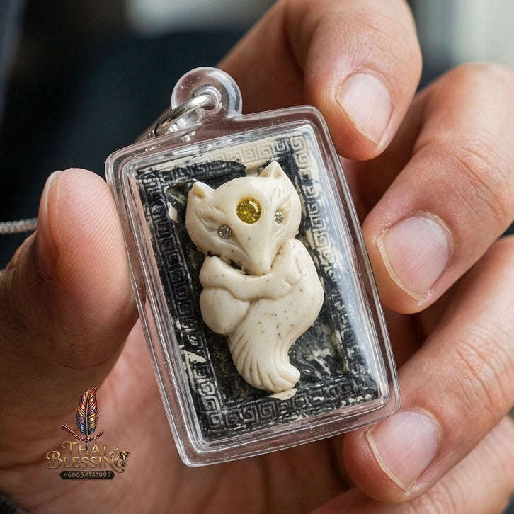 Authentic Thai Nine-Tailed Fox Amulet "Sacred White Powder Fox Pendant with Golden Abacus" Consecrated by Kruba Krissana Intawanno at Weruwan Forest Monastery B.E. 2562 (2019)