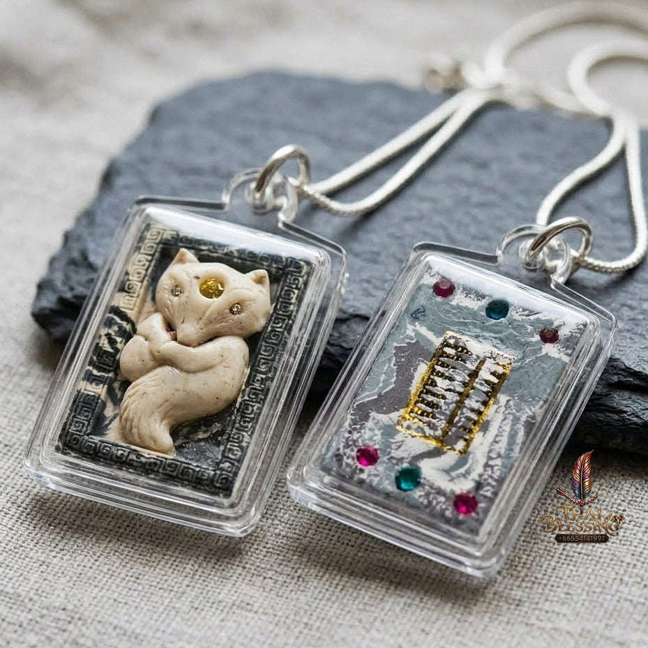 Authentic Thai Nine-Tailed Fox Amulet "Sacred White Powder Fox Pendant with Golden Abacus" Consecrated by Kruba Krissana Intawanno at Weruwan Forest Monastery B.E. 2562 (2019)