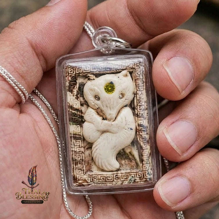 Authentic Thai Nine-Tailed Fox Amulet "Sacred White Powder Fox Pendant with Golden Abacus" Consecrated by Kruba Krissana Intawanno at Weruwan Forest Monastery B.E. 2562 (2019) Thai Blessing Co By RURUECHA