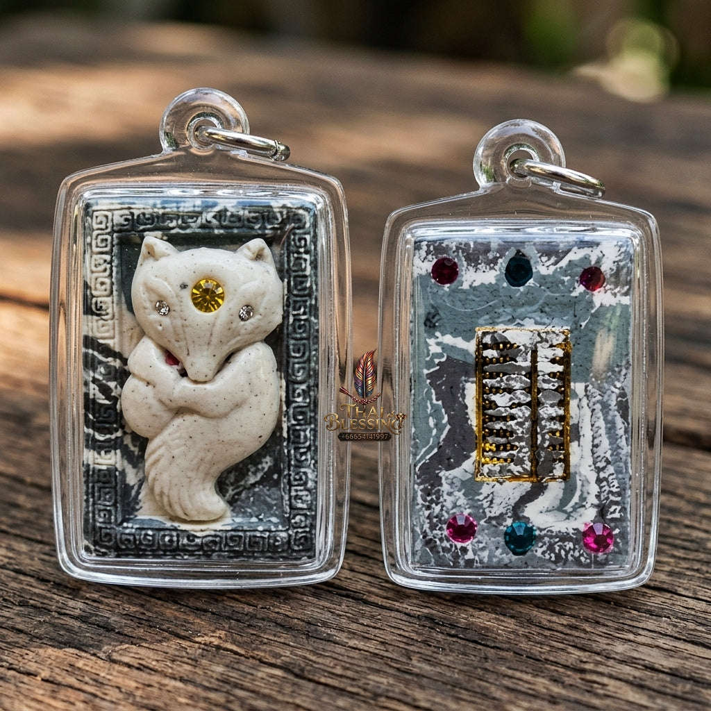 Authentic Thai Nine-Tailed Fox Amulet "Sacred White Powder Fox Pendant with Golden Abacus" Consecrated by Kruba Krissana Intawanno at Weruwan Forest Monastery B.E. 2562 (2019)