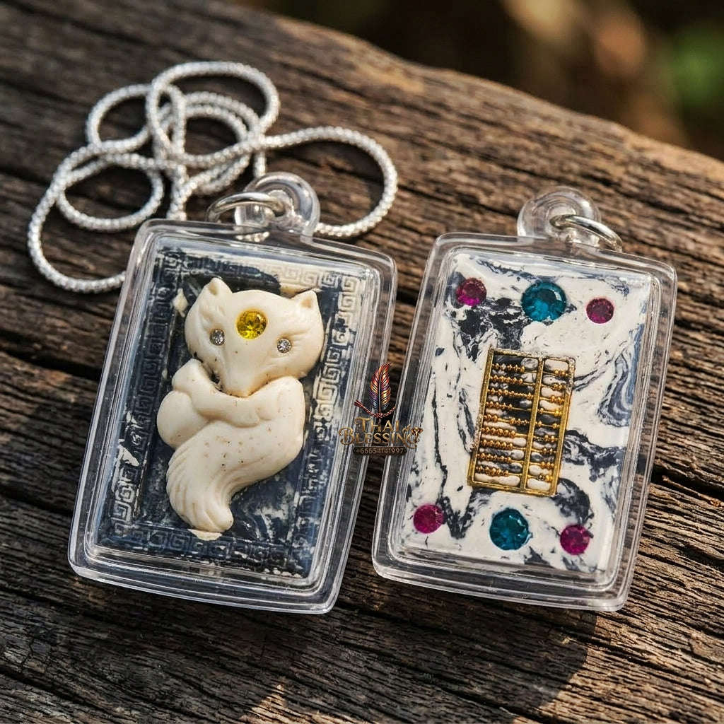 Authentic Thai Nine-Tailed Fox Amulet "Sacred White Powder Fox Pendant with Golden Abacus" Consecrated by Kruba Krissana Intawanno at Weruwan Forest Monastery B.E. 2562 (2019)