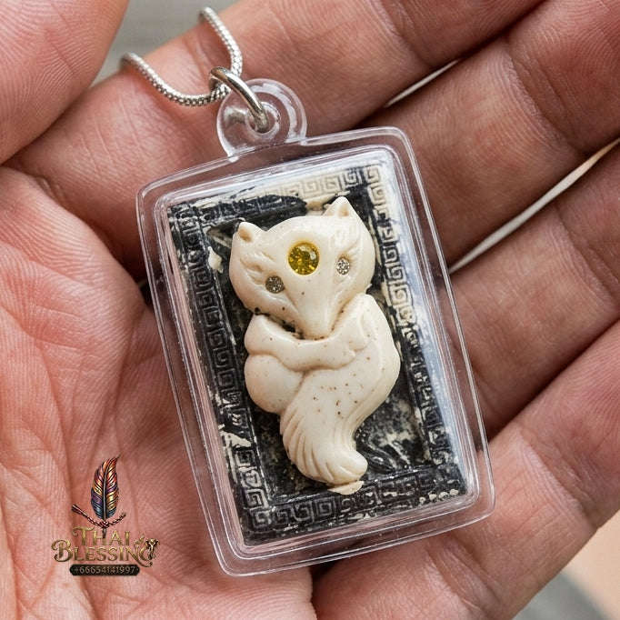 Authentic Thai Nine-Tailed Fox Amulet "Sacred White Powder Fox Pendant with Golden Abacus" Consecrated by Kruba Krissana Intawanno at Weruwan Forest Monastery B.E. 2562 (2019)