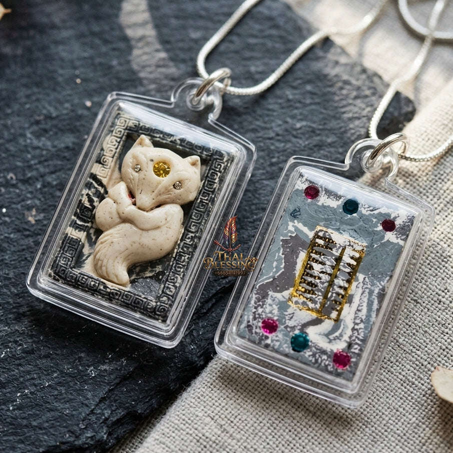 Authentic Thai Nine-Tailed Fox Amulet "Sacred White Powder Fox Pendant with Golden Abacus" Consecrated by Kruba Krissana Intawanno at Weruwan Forest Monastery B.E. 2562 (2019)